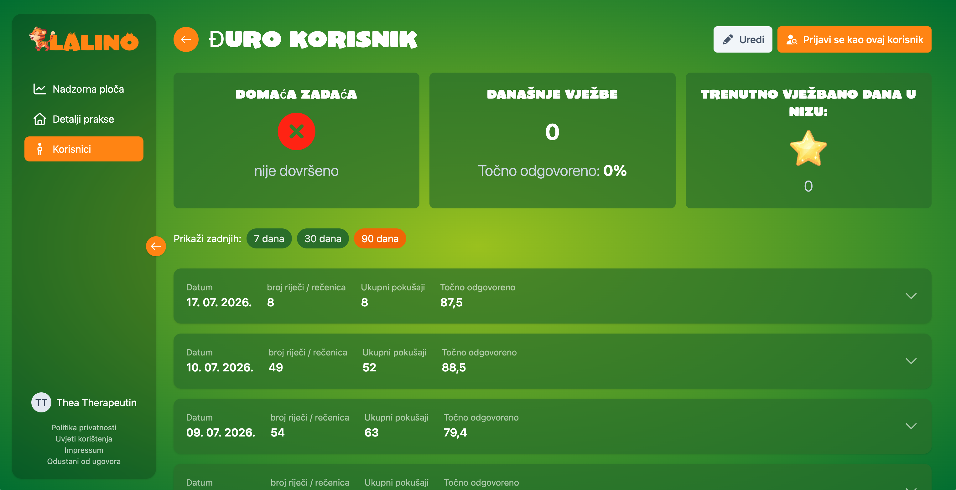 Snimka zaslona terapeutskog sučelja Lalino s popisom klijenata i odabirom vježbi.